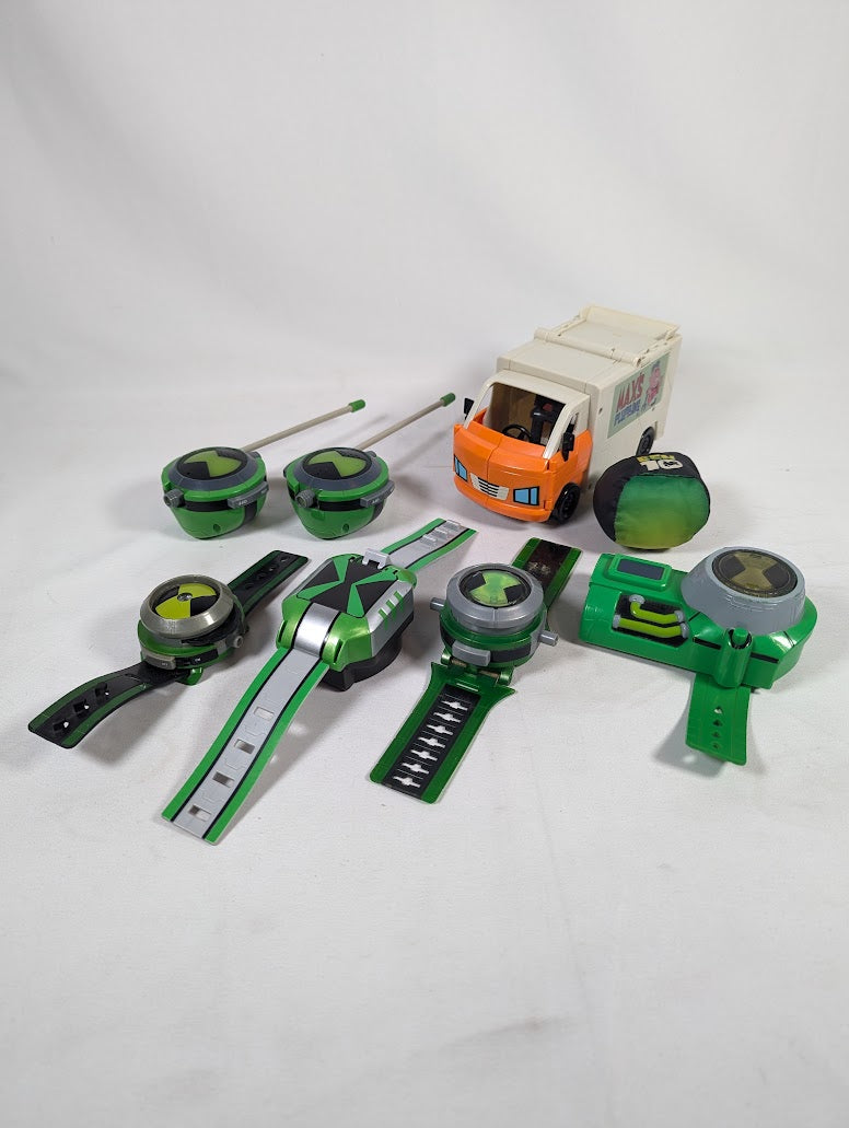 Ben 10 4 Omnitrix Watches, Walkie Talkie, Max's Plumbing Van & Ball Toy Bundle
