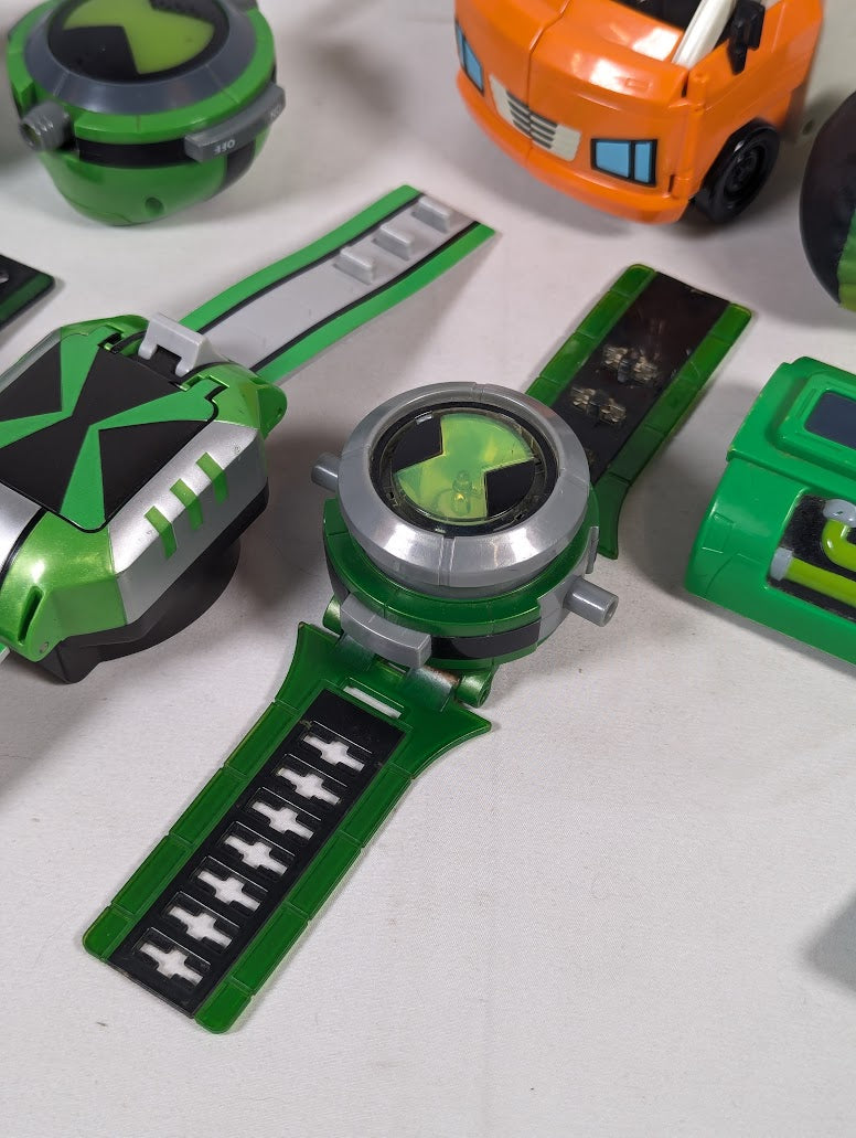Ben 10 4 Omnitrix Watches, Walkie Talkie, Max's Plumbing Van & Ball Toy Bundle